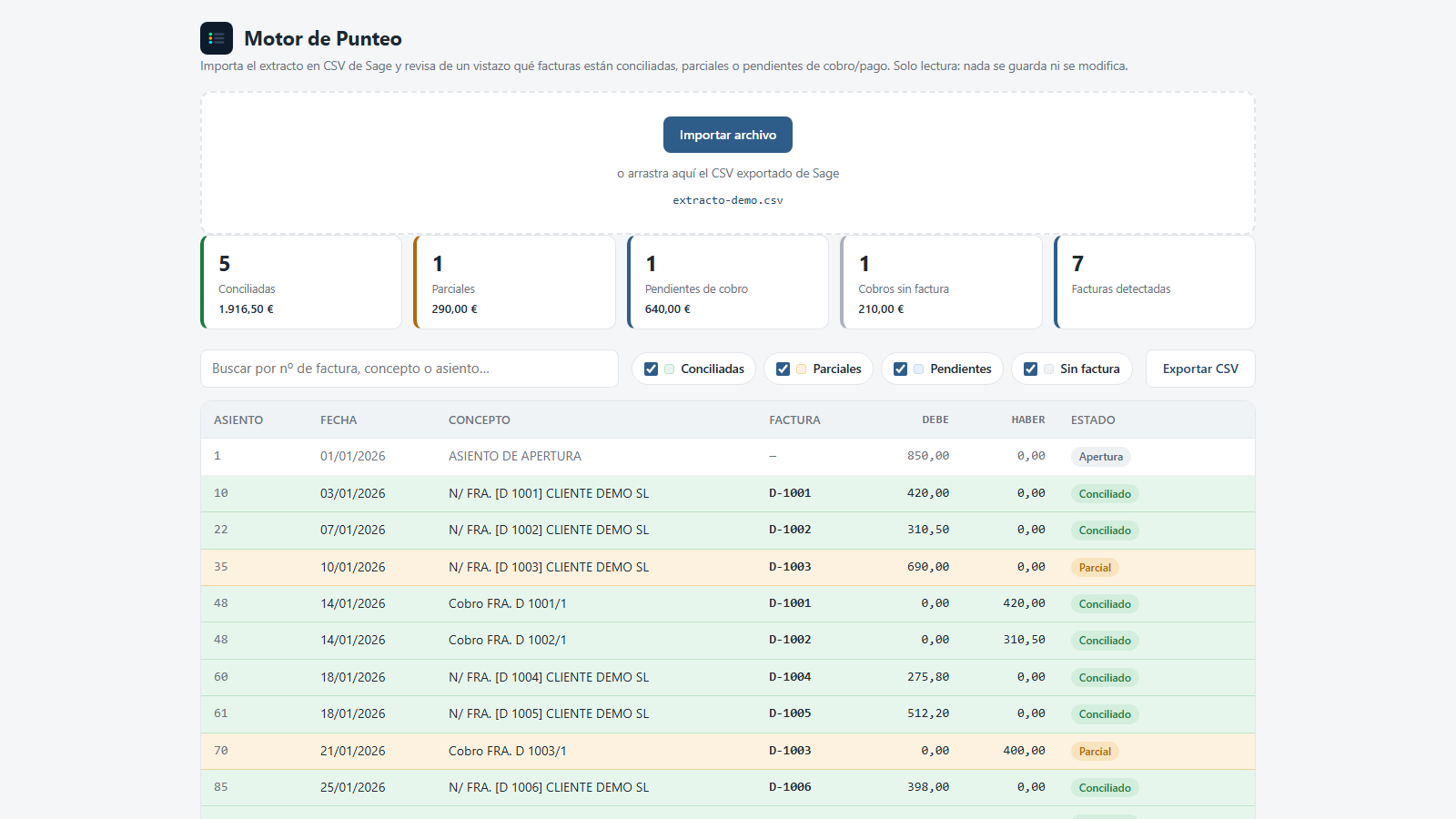 Motor de Punteo — herramienta de conciliación contable para extractos de Sage